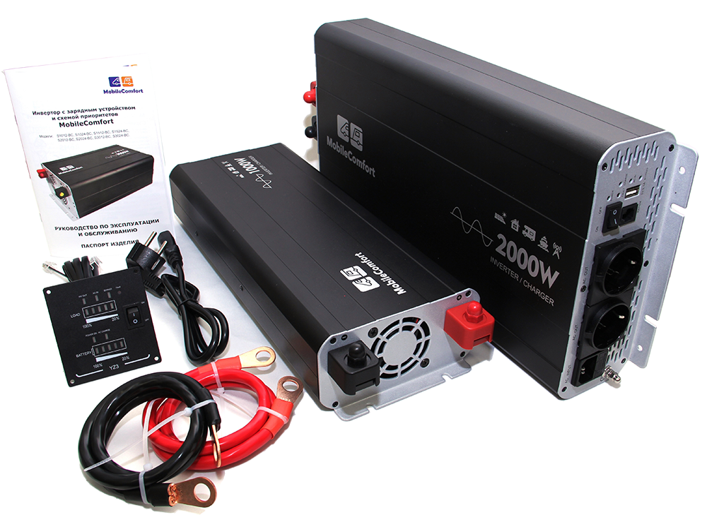Инвертор MobileComfort S2024-BC, 2000Вт, 24В, чистый синус,  розетка 230V, встроенное зарядное устройство 10А, схема приоритетов 230V, функция бесперебойника, USB выход, в комплекте настенная панель управления