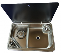 Camper-Marine GR-933 Варочная поверхность газовая встраиваемая  одноконфорочная из нержавеющей стали с раковиной со стеклянной крышкой и пьезоподжигом, правая.