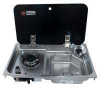 Camper-Marine GR-903R Варочная поверхность газовая одноконфорочная с раковиной, нержавеющая сталь со стеклянной крышкой и пьезоподжигом, правая.