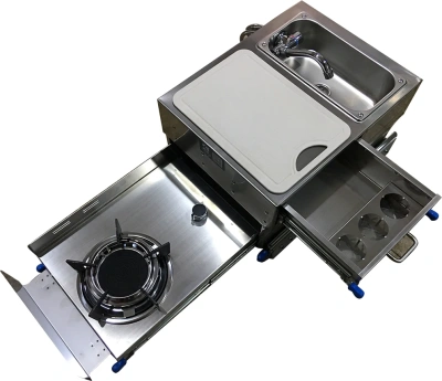 Комбинированная выдвижная кухня с газовой плитой, раковиной и разделочным столом, нержавеющая сталь, Camper-Marine GR-C001